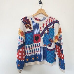 Vintage Bon Magique Medium Patchwork Colorblock Knit Sweater Blue Hearts Floral
